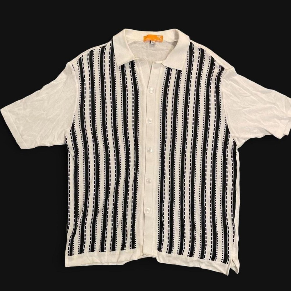 S. Edition Mens Knit Button Down Polo Shirt White Black Striped Short Sleeve L
